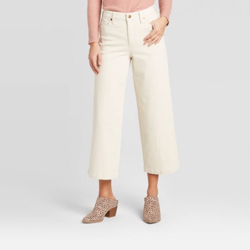 High rise cream wide leg crop jeans.